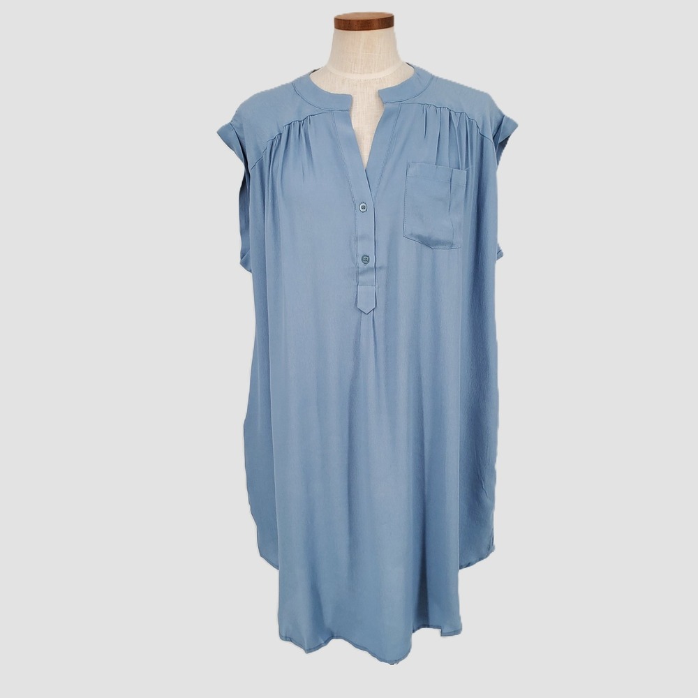 Tulip B Womens XL Dusty Blue Short Sleeve Split Neck Tunic Dress Pockets Relaxed